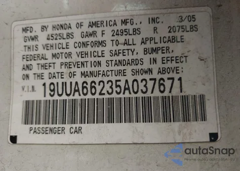 2005 Acura Tl z USA, uszkodzony, nr VIN 19UUA66235A037671